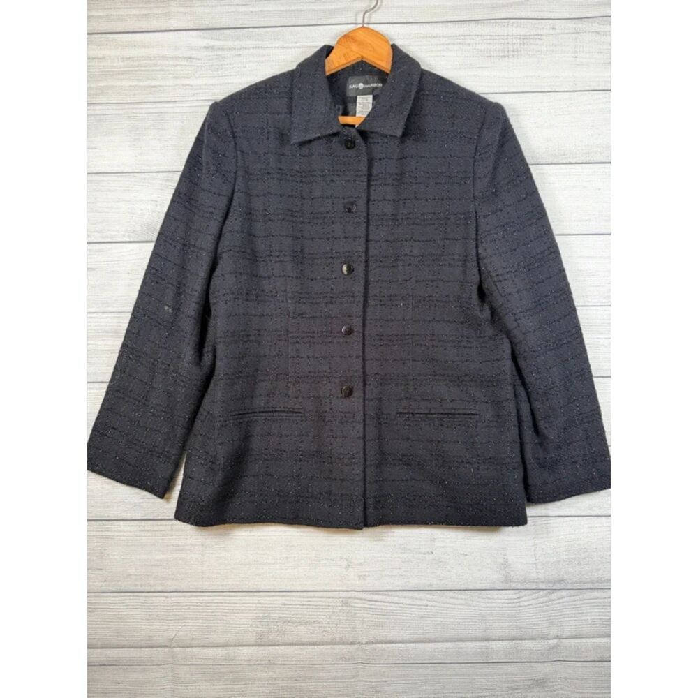 Sag Harbor Womens 16 Black Metallic Tweed Boucle Button Blazer Jacket